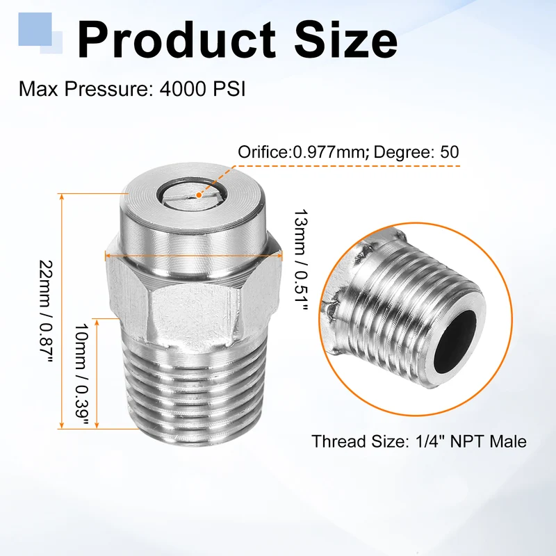 5pcs 50 Degree Surface Clean Tip 1/4 Inch NPT Male 2.5 Orifice Spray Nozzles