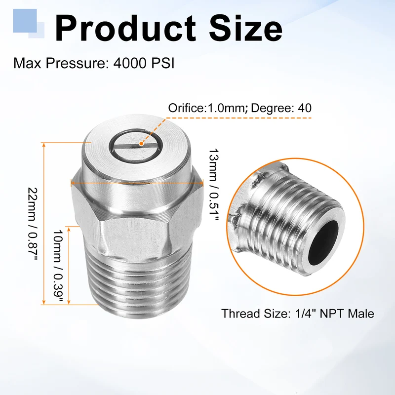 2pcs 40 Degree Surface Clean Tip 1/4 Inch NPT Male 2.5 Orifice Spray Nozzles