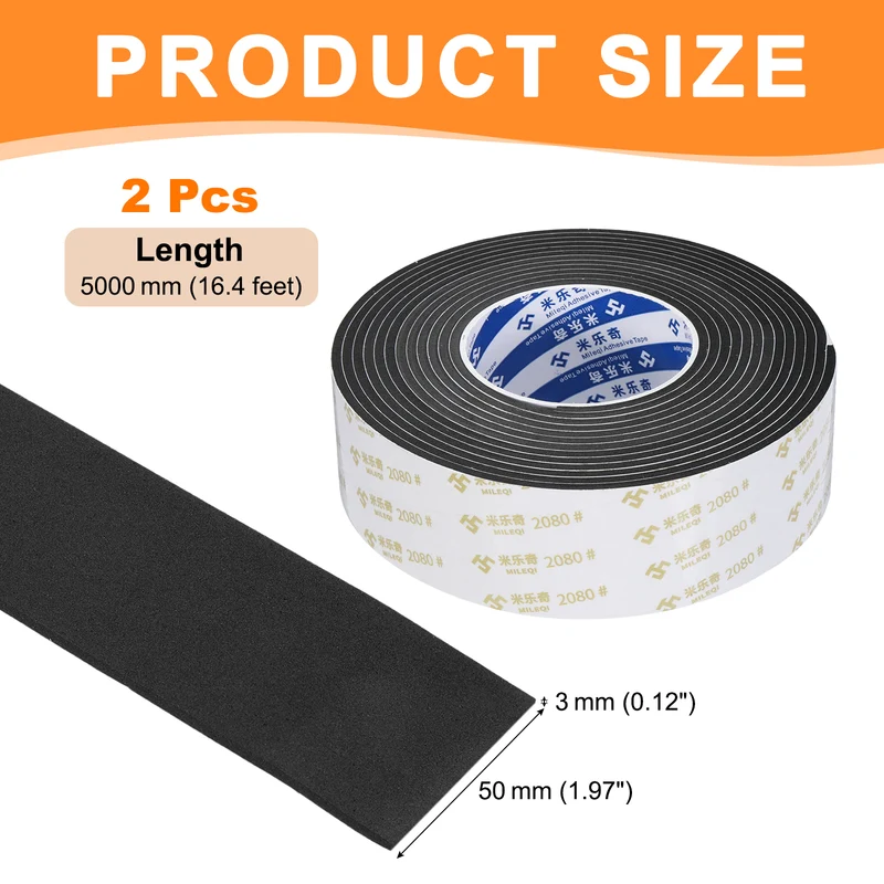 2Pcs 2" W x 1/8" t x 16.4ft l EVA Weather Stripping Foam Tape, Black