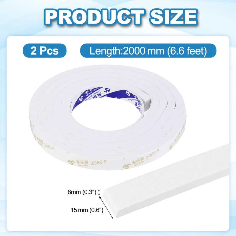 2Pcs 9/16" W x 5/16" t x 6.6 ft l Weather Stripping Foam Tape White