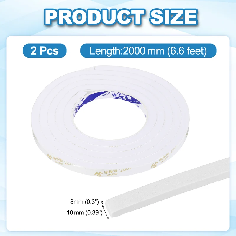 2 Pcs 3/8" W x 5/16" t x 6.6 ft l Weather Stripping Foam Tape White