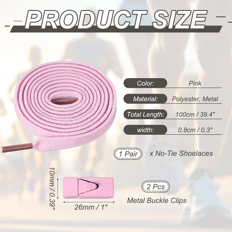 No Tie Shoelaces with 2 Metal Triangle Buckle Clips, 1Pair & Pink