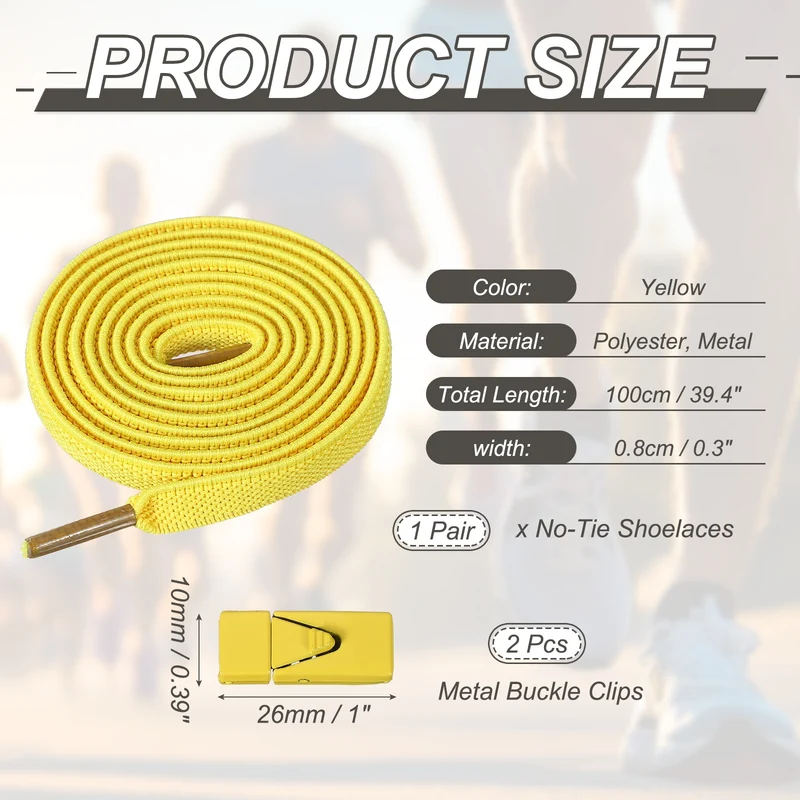 No Tie Shoelaces with 2 Metal Triangle Buckle Clips, 1Pair & Yellow