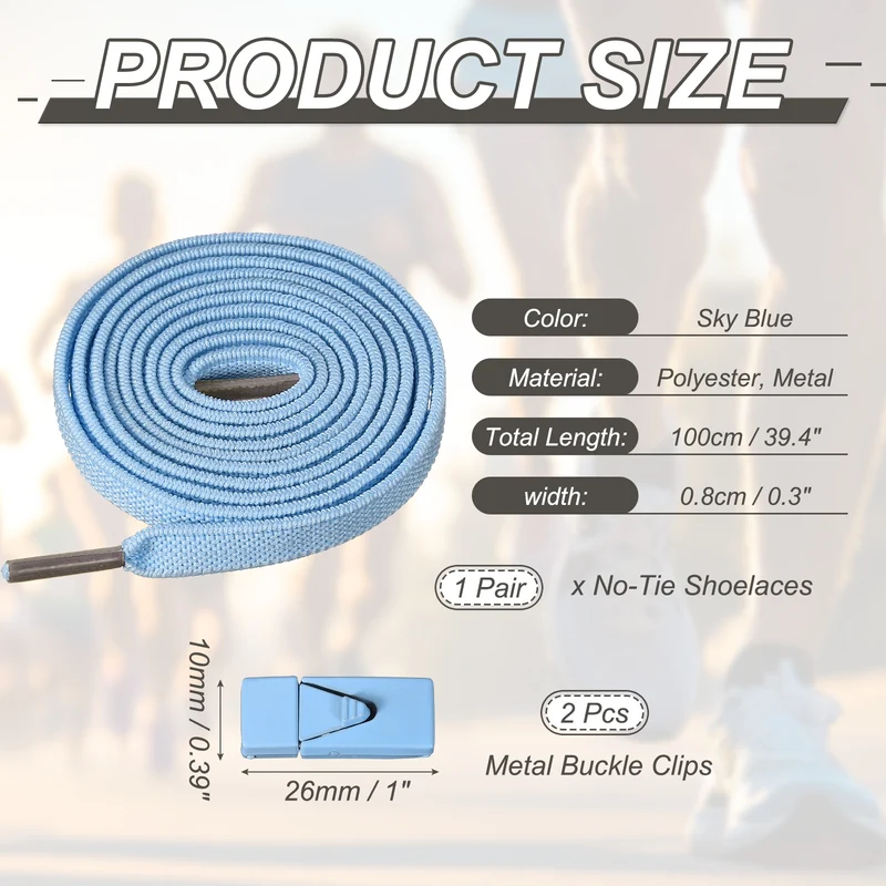 No Tie Shoelaces with 2 Metal Triangle Buckle Clips, 1Pair & Sky Blue