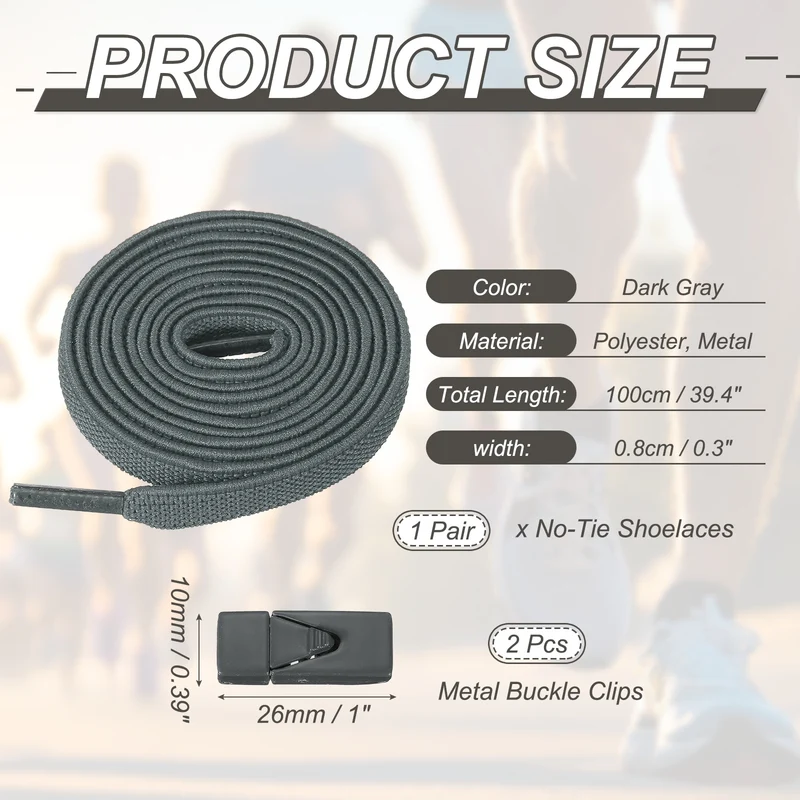 No Tie Shoelaces with 2 Metal Triangle Buckle Clips, 1Pair & Dark Gray