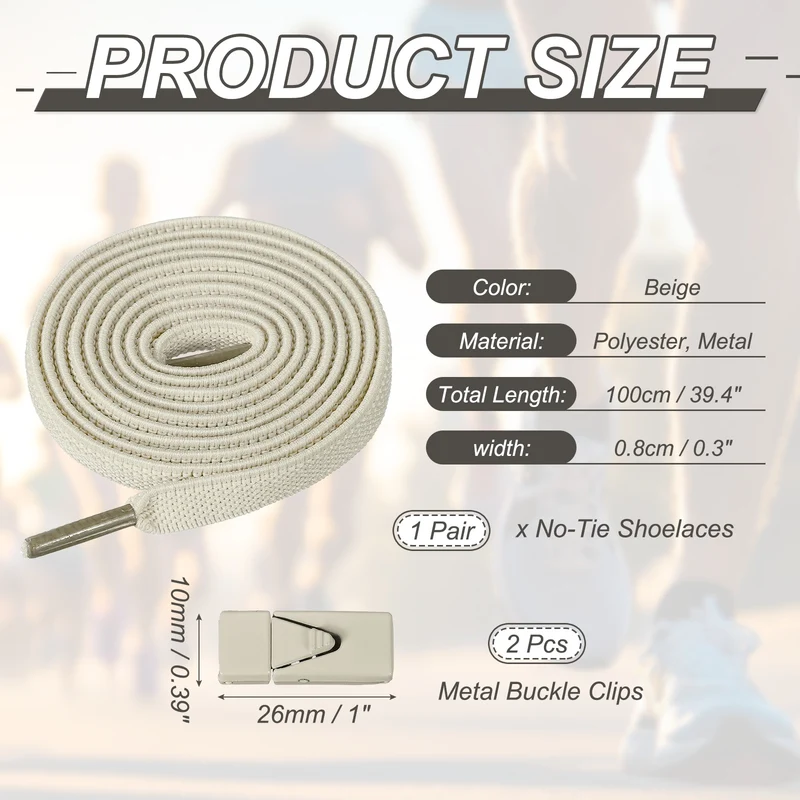 No Tie Shoelaces with 2 Metal Triangle Buckle Clips, 1Pair & Beige