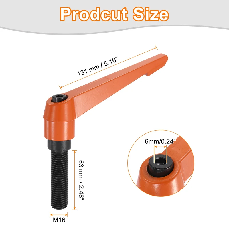Clamping Lever Handles for Lathe, M16x63mm Male Thread Orange