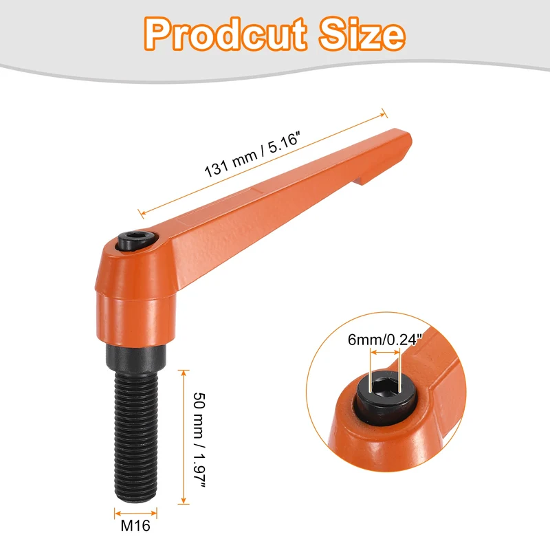 Clamping Lever Handles for Lathe, M16x50mm Male Thread Orange 4Pcs