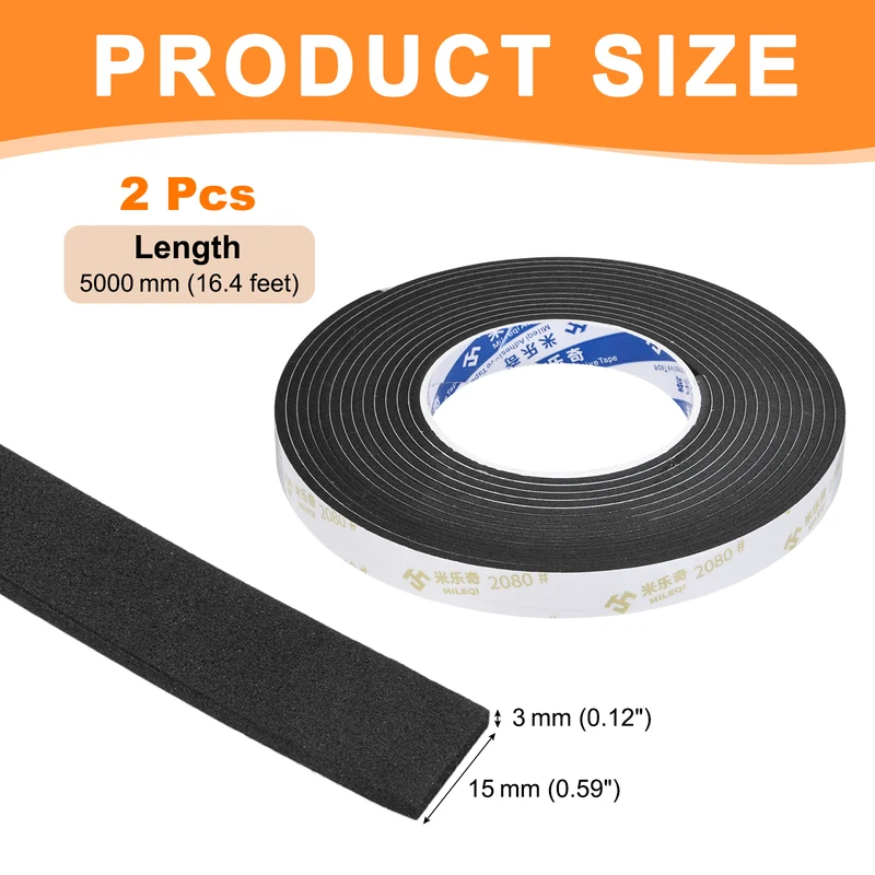 2Pcs 9/16" W x 1/8" t x 16.4ft l EVA Weather Stripping Foam Tape, Black