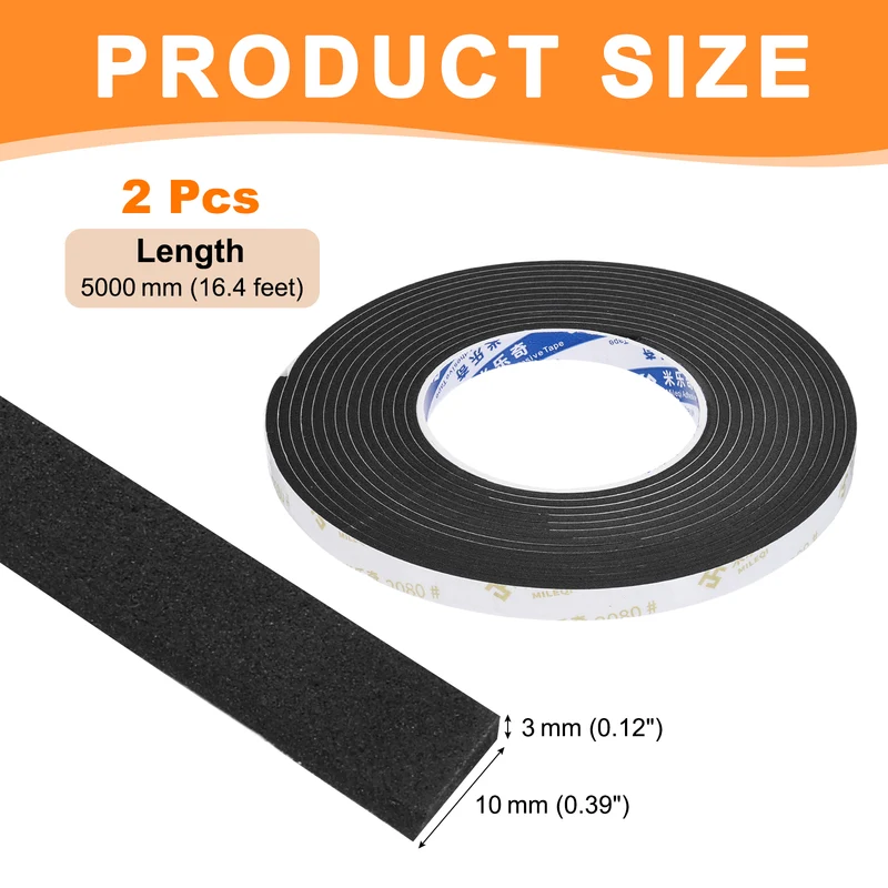 2Pcs 3/8" W x 1/8" t x 16.4ft l EVA Weather Stripping Foam Tape, Black