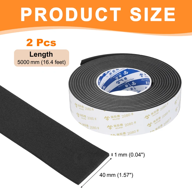2Pcs 1-9/16" W x 1/16" t x 16.4ft l EVA Weather Stripping Foam Tape, Black