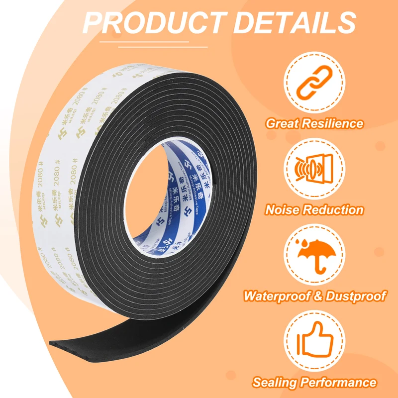 1-9/16" W x 1/16" t x 16.4ft l EVA Weather Stripping Foam Tape, Black