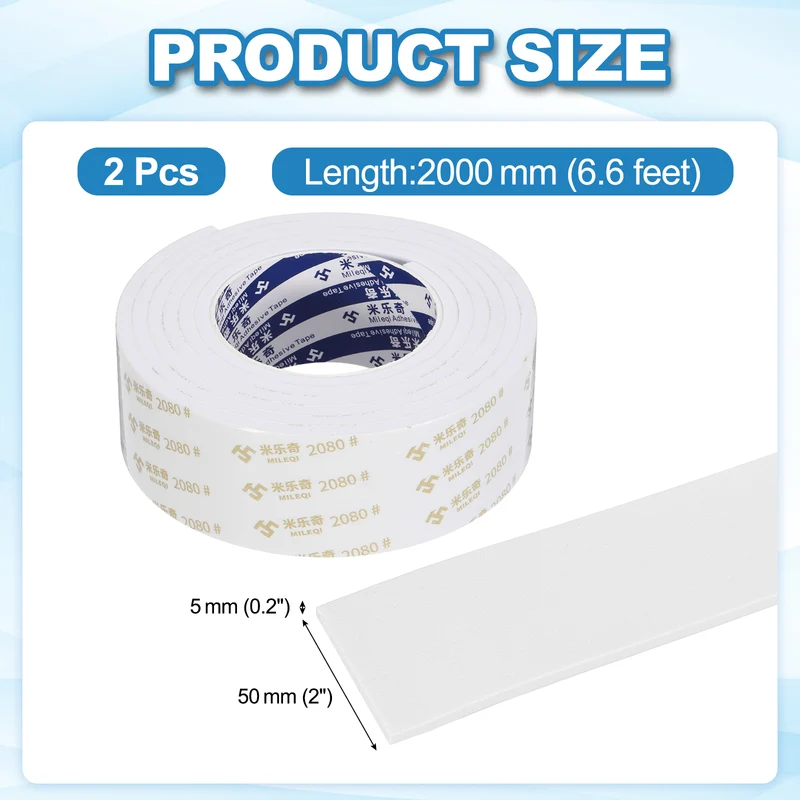 2 Pcs 2 W x 3/16" t x 6.6 ft l Weather Stripping Foam Tape White