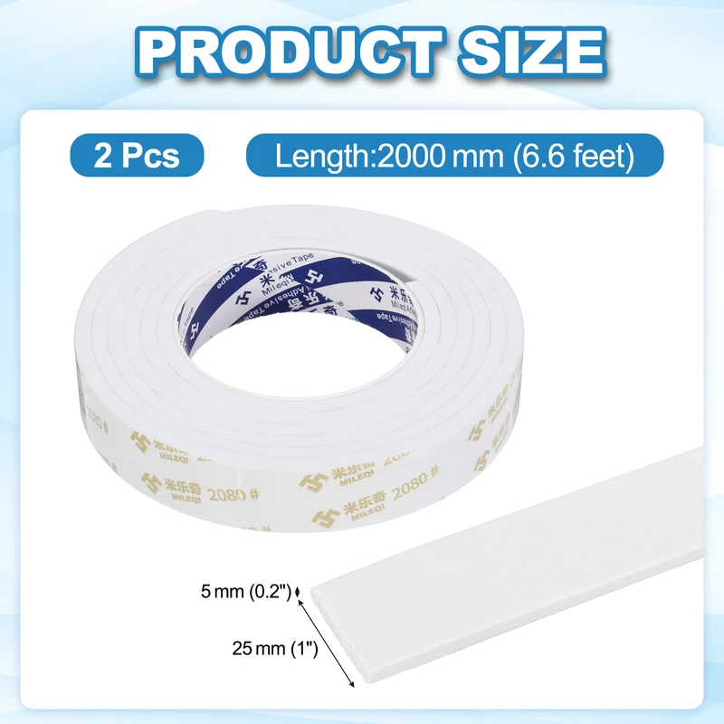 2 Pcs 1 W x 3/16" t x 6.6 ft l Weather Stripping Foam Tape White