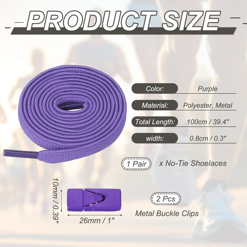 No Tie Shoelaces with 2 Metal Triangle Buckle Clips, 1Pair & Purple