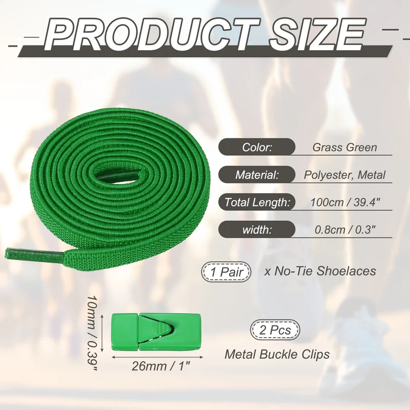 No Tie Shoelaces with 2 Metal Triangle Buckle Clips, 1Pair & Green