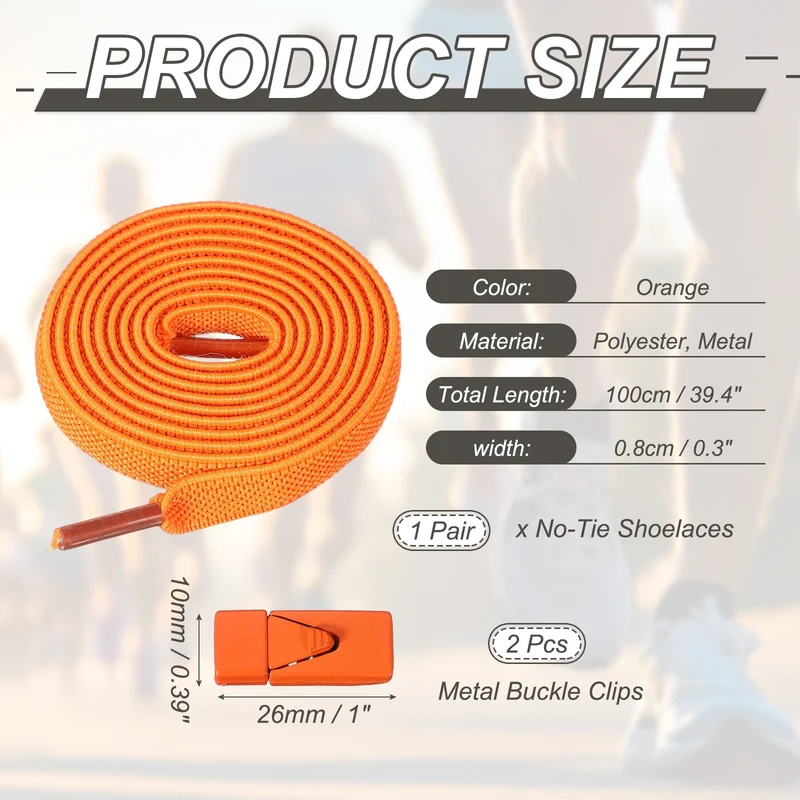 No Tie Shoelaces with 2 Metal Triangle Buckle Clips, 1Pair & Orange