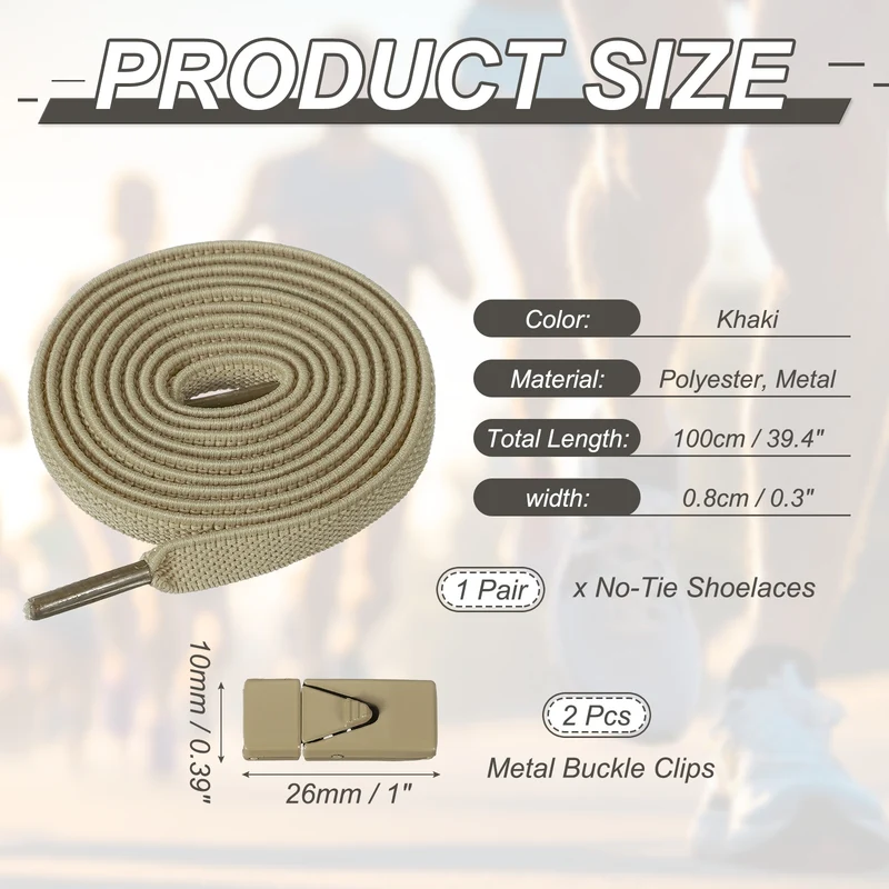 No Tie Shoelaces with 2 Metal Triangle Buckle Clips, 1Pair & Khaki