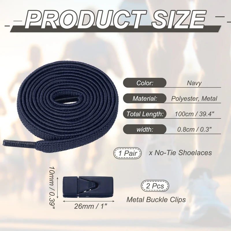 No Tie Shoelaces with 2 Metal Triangle Buckle Clips, 1Pair & Navy Blue