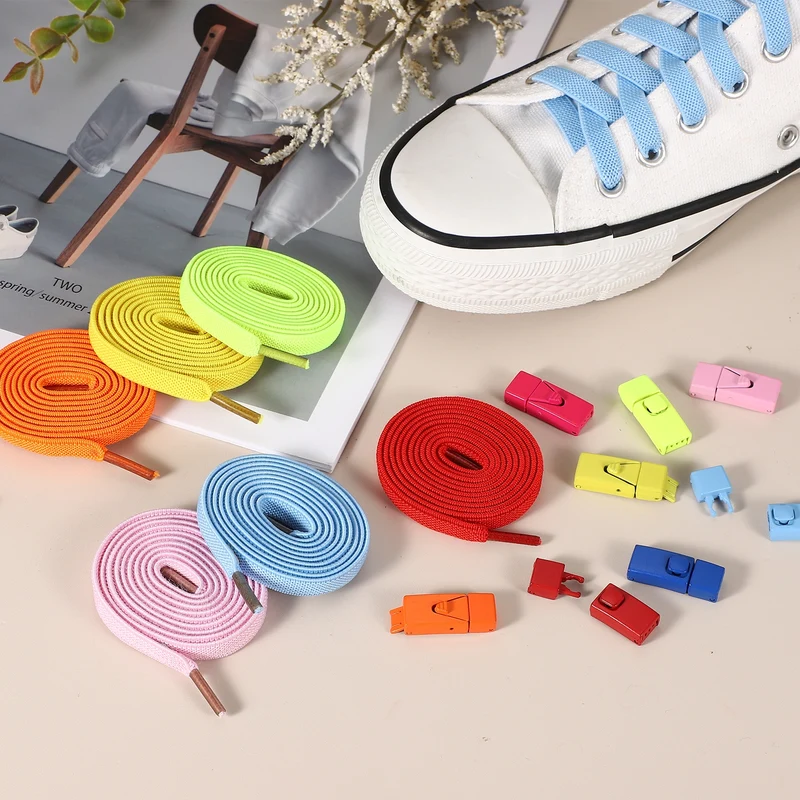 No Tie Shoelaces with 2 Metal Triangle Buckle Clips, 1Pair & Navy Blue