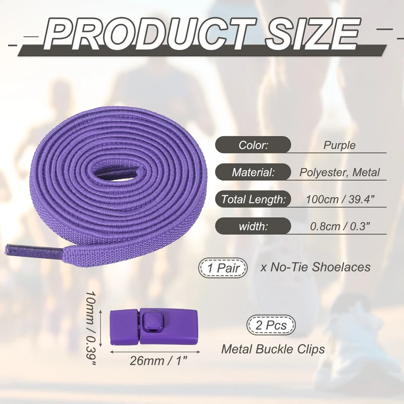 No Tie Shoelaces with 2 Metal Square Buckle Clips, 1Pair & Purple