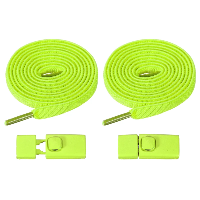No Tie Shoelaces with 2 Metal Square Buckle Clips, 1Pair & Fluorescent Green