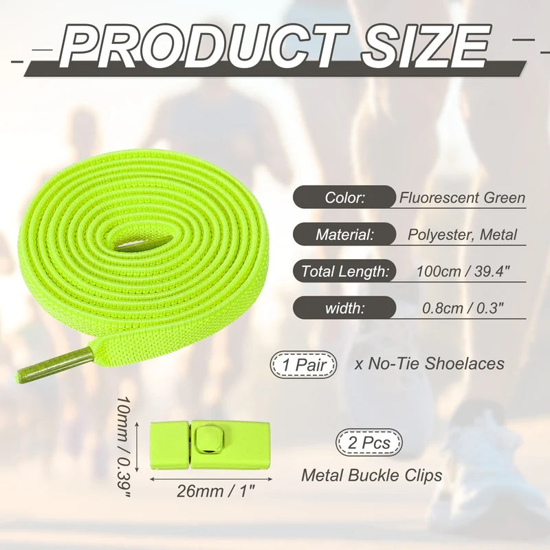No Tie Shoelaces with 2 Metal Square Buckle Clips, 1Pair & Fluorescent Green