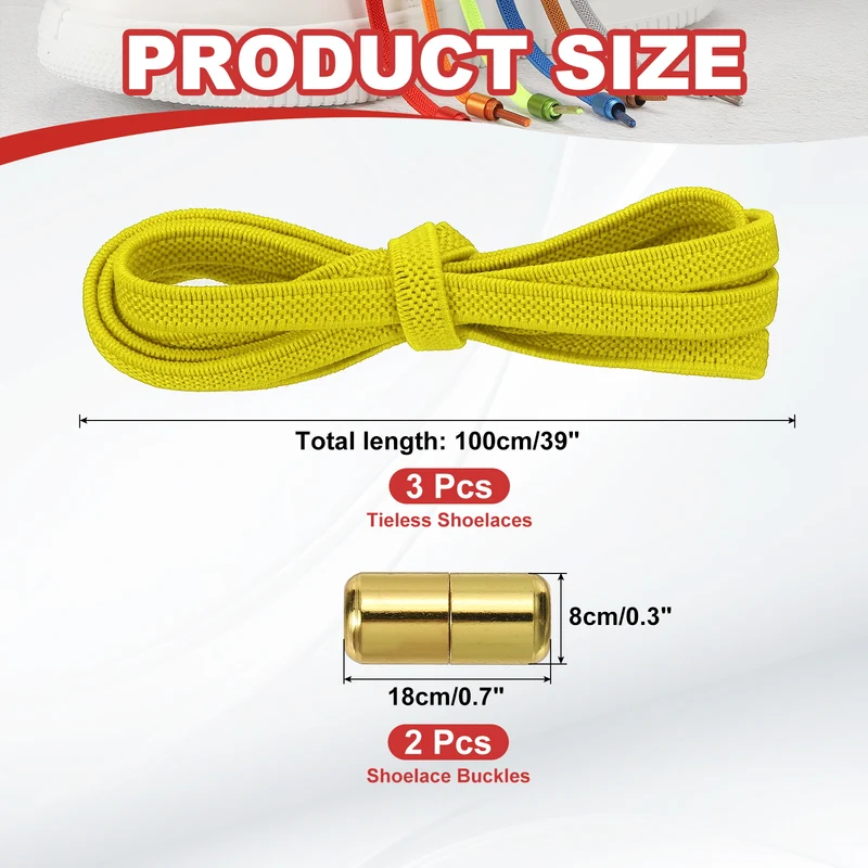 No Tie Shoelaces Tieless Elastic Shoe Laces 3Pcs with 2 Metal Buckles, Yellow