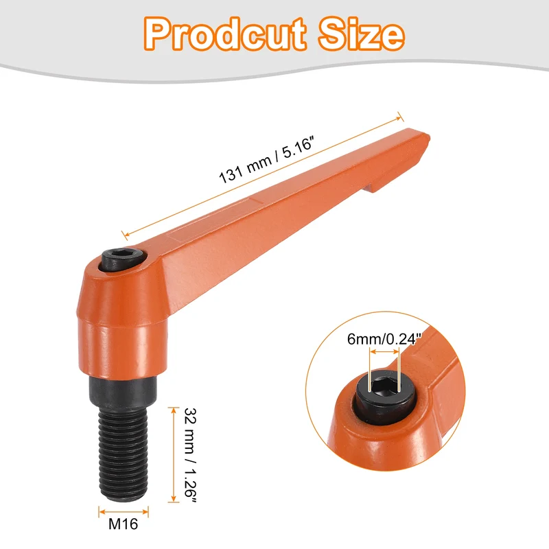 Clamping Lever Handles for Lathe, M16x32mm Male Thread Orange 2Pcs