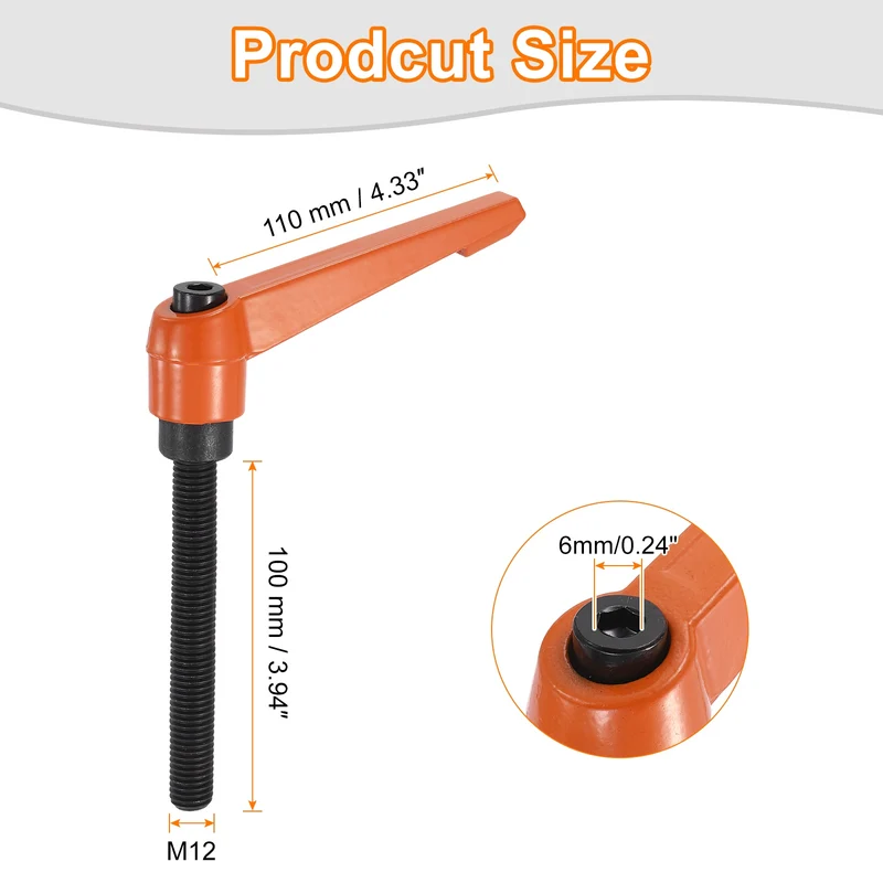 Clamping Lever Handles for Lathe, M12x100mm Male Thread Orange 4Pcs