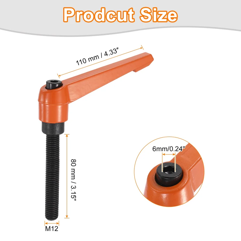 Clamping Lever Handles for Lathe, M12x80mm Male Thread Orange 4Pcs