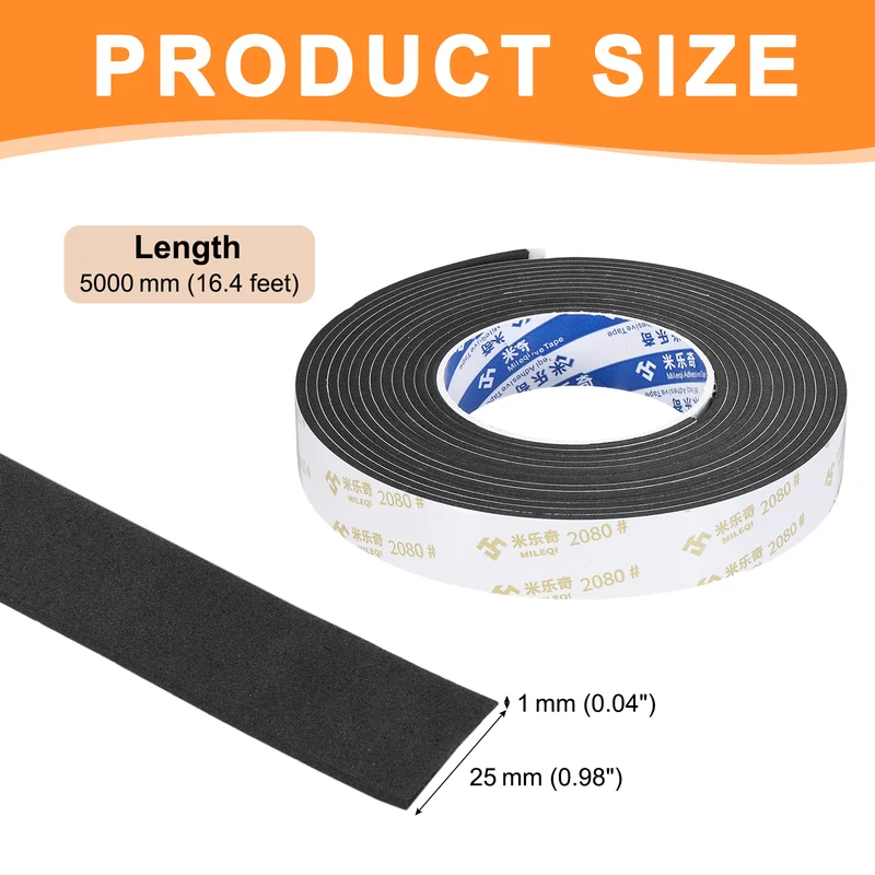 1" W x 1/16" t x 16.4ft l EVA Weather Stripping Foam Tape, Black