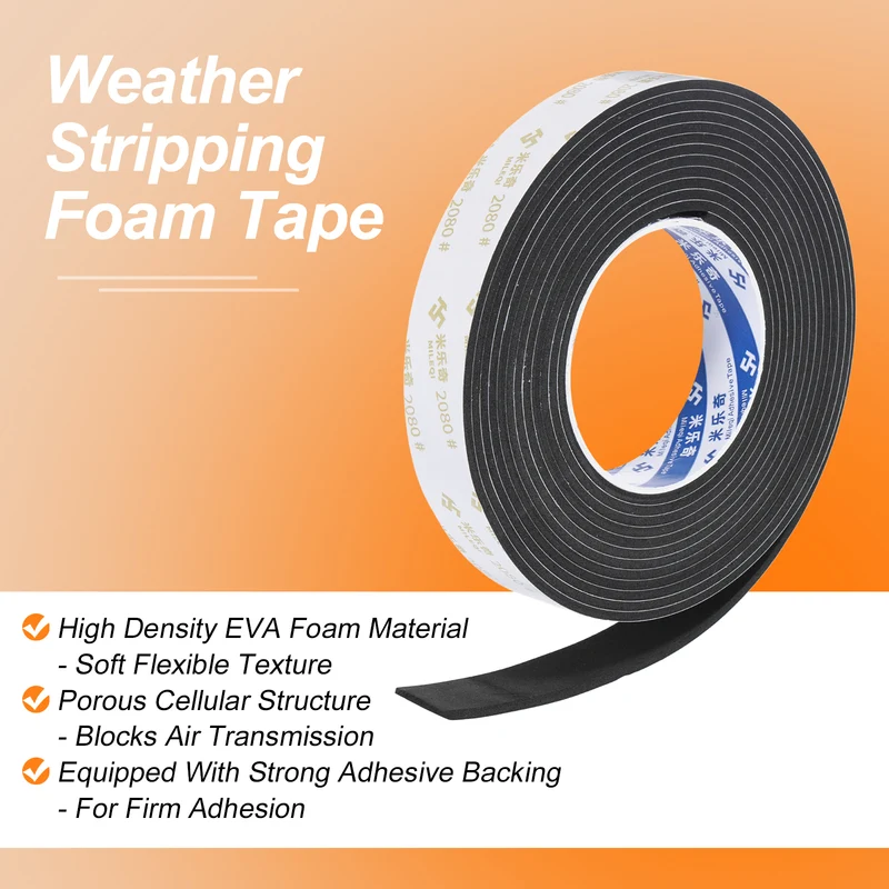 1" W x 1/16" t x 16.4ft l EVA Weather Stripping Foam Tape, Black