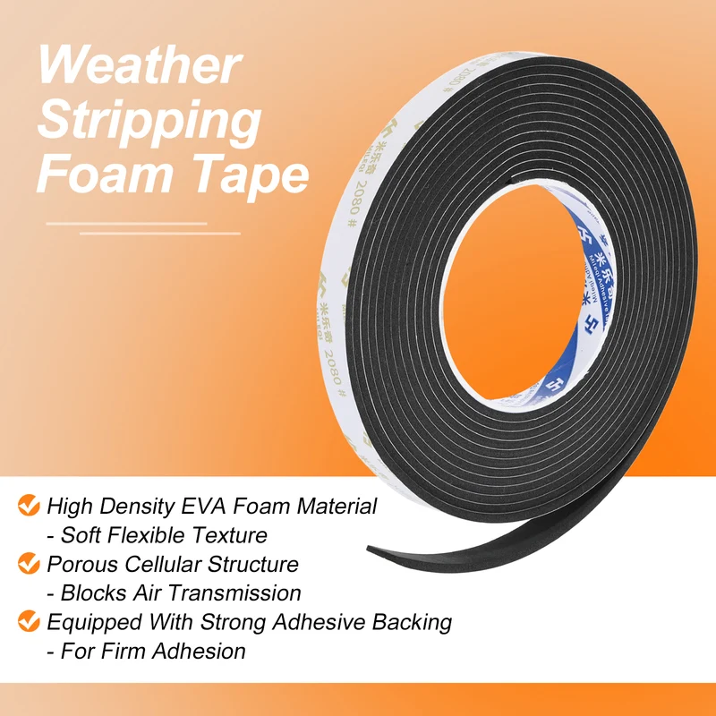 9/16" W x 1/16" t x 16.4ft l EVA Weather Stripping Foam Tape, Black