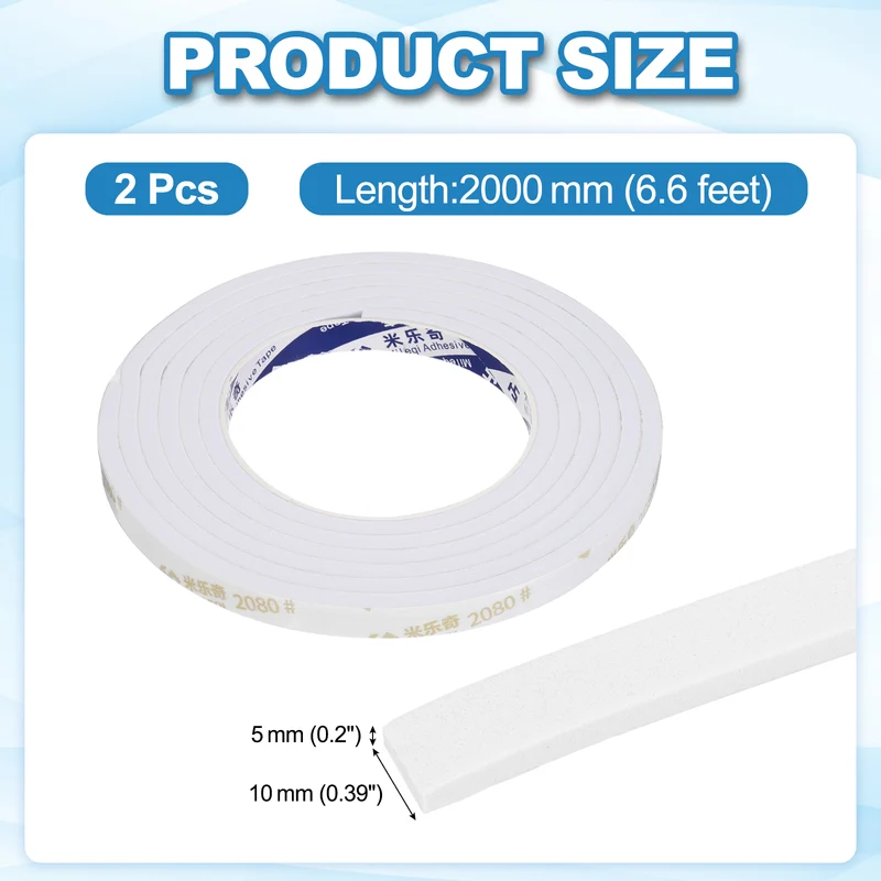 2 Pcs 3/8" W x 3/16" t x 6.6 ft l Weather Stripping Foam Tape White