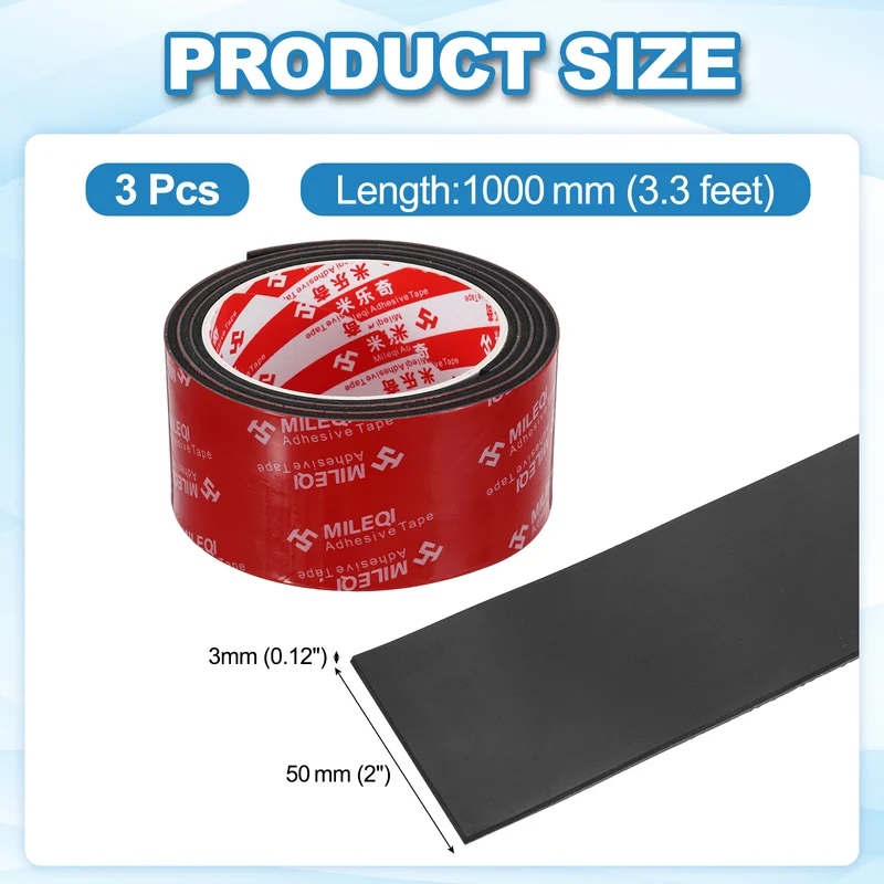 3 Pcs Solid Neoprene Rubber Strips 2 W x 1/8" t x 3.3ft l Black