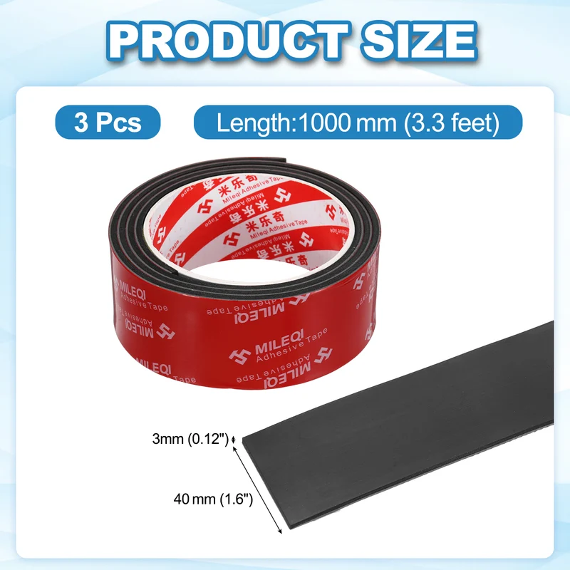 3 Pcs Solid Neoprene Rubber Strips 1 9/16" W x 1/8" t x 3.3ft l Black