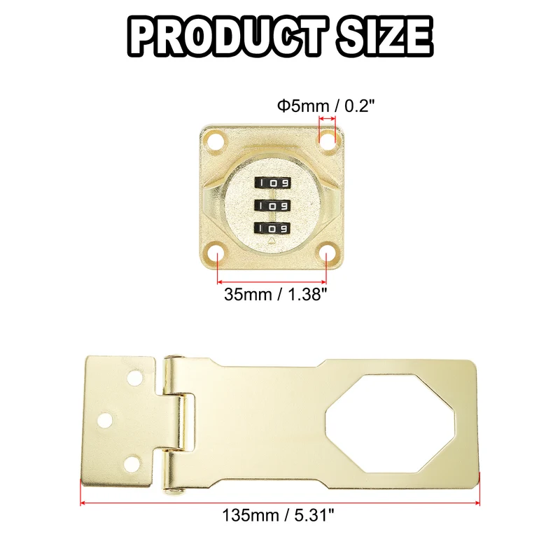 Cabinet Combination Lock, Three Hole Cabinet Password Hasp Locks with 3 Digit Password for Drawer and Cabinet, Gold Tone
