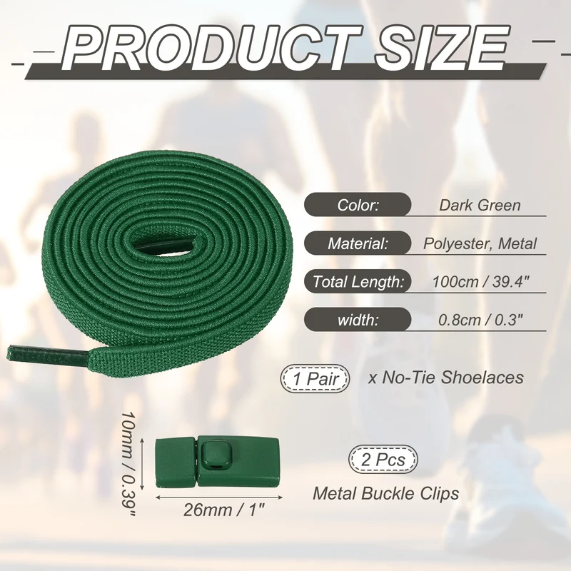 No Tie Shoelaces with 2 Metal Square Buckle Clips, 1Pair & Dark Green
