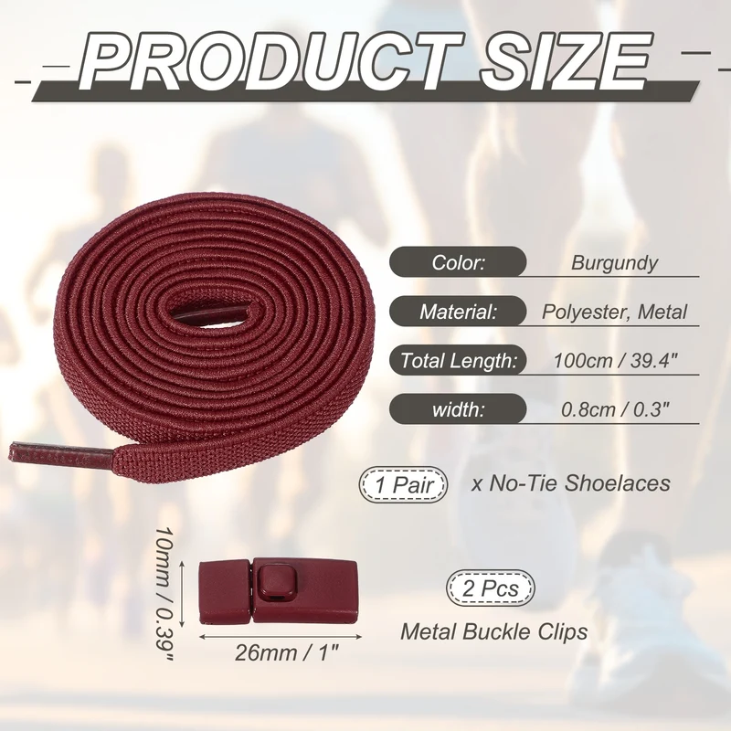 No Tie Shoelaces with 2 Metal Square Buckle Clips, 1Pair & Burgundy