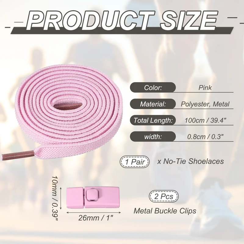 No Tie Shoelaces with 2 Metal Square Buckle Clips, 1Pair & Pink
