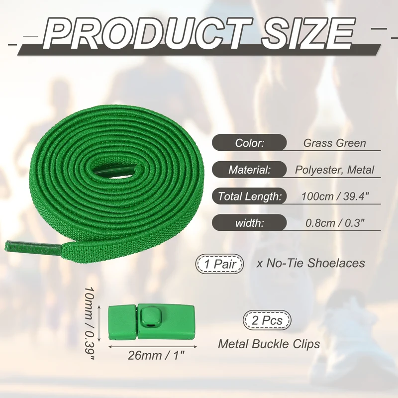 No Tie Shoelaces with 2 Metal Square Buckle Clips, 1Pair & Grass Green