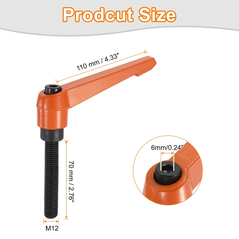 Clamping Lever Handles for Lathe, M12x70mm Male Thread Orange