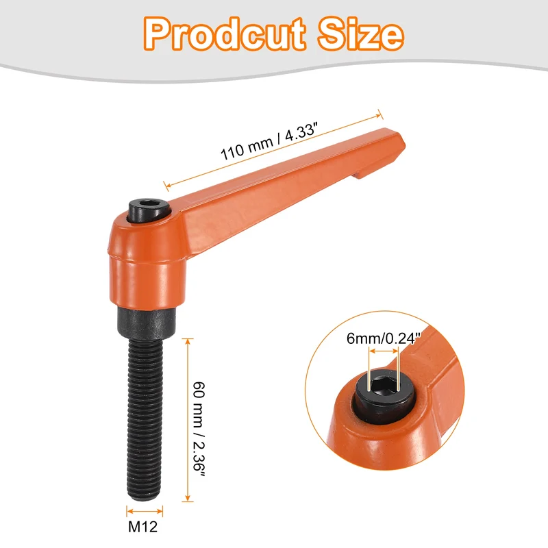 Clamping Lever Handles for Lathe, M12x60mm Male Thread Orange 4Pcs