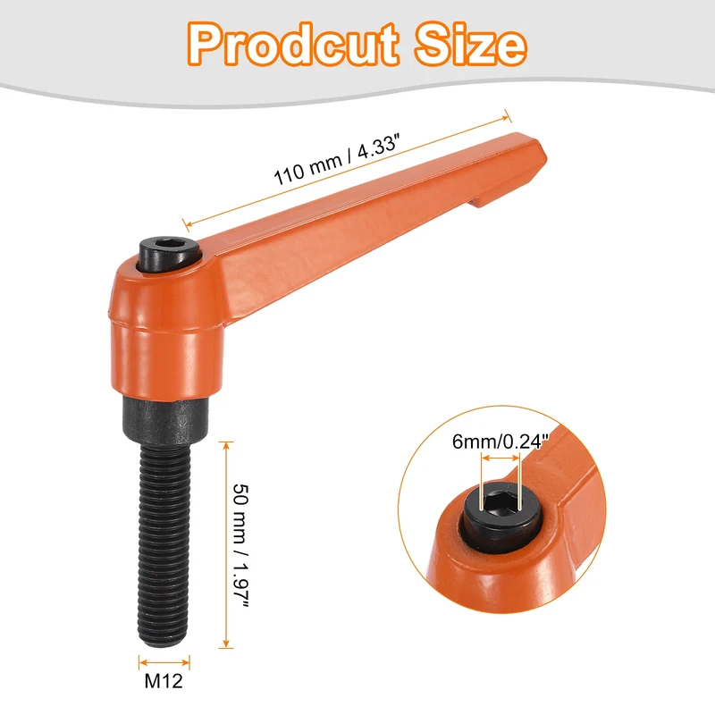 Clamping Lever Handles for Lathe, M12x50mm Male Thread Orange 2Pcs