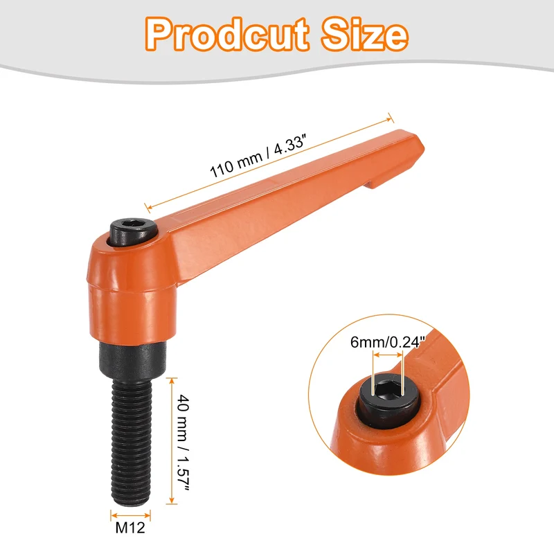 Clamping Lever Handles for Lathe, M12x40mm Male Thread Orange 4Pcs
