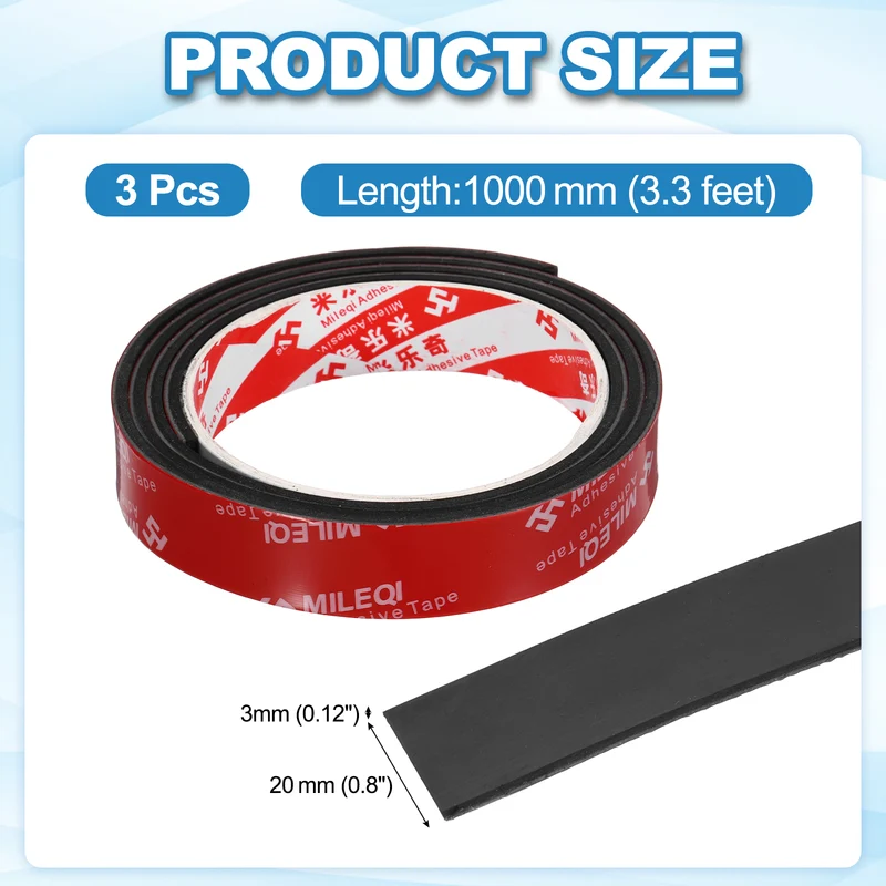 3 Pcs Solid Neoprene Rubber Strips 13/16" W x 1/8" t x 3.3ft l Black