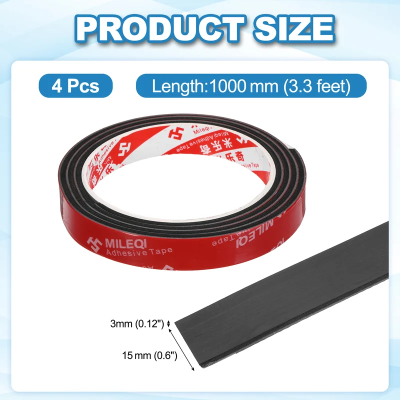 4 Pcs Solid Neoprene Rubber Strips 9/16" W x 1/8" t x 3.3ft l Black