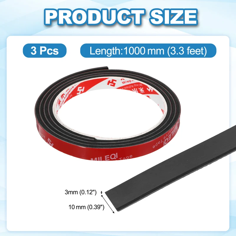 3 Pcs Solid Neoprene Rubber Strips 3/8" W x 1/8" t x 3.3ft l Black