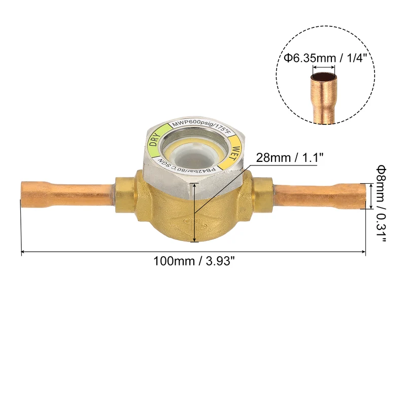 Sight Glass, 2Pcs 1/4 x 1/4 Sweat Universal Liquid Moisture Indicator Soldering for Air Conditioning HVAC Refrigeration